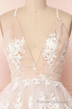 Champagne v neck tulle lace short Formal Prom Dresses champagne tulle bridesmaid Dresses