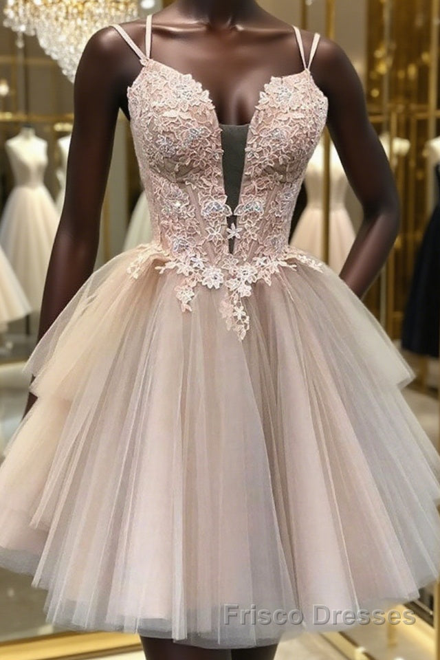 Champagne v neck tulle lace short Formal Prom Dresses lace homecoming Dresses