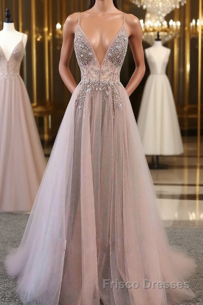 Champagne v neck tulle long Formal Prom Dresses, champagne evening Dresses