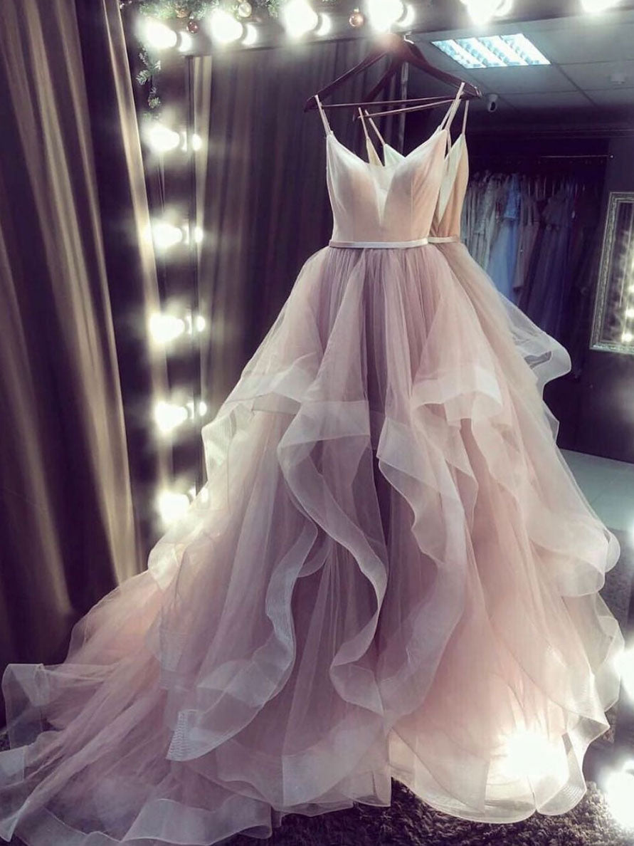 Champagne V Neck Tulle Long Prom Dress Champagne Evening Dress Main image