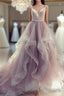 Champagne v neck tulle long Formal Prom Dresses champagne tulle formal Dresses