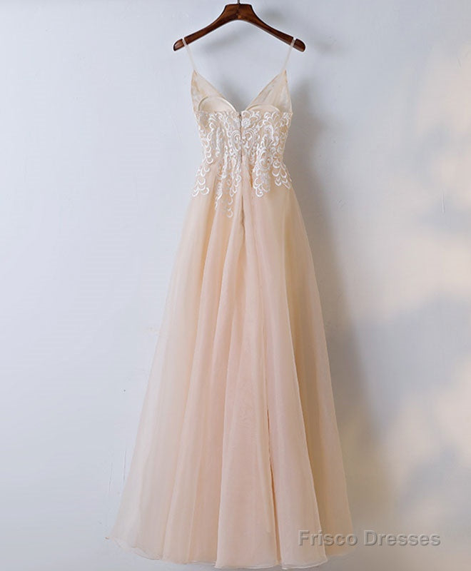 Champagne V Neck Tulle Long Prom Dress, Lace Evening Dress Secondary image