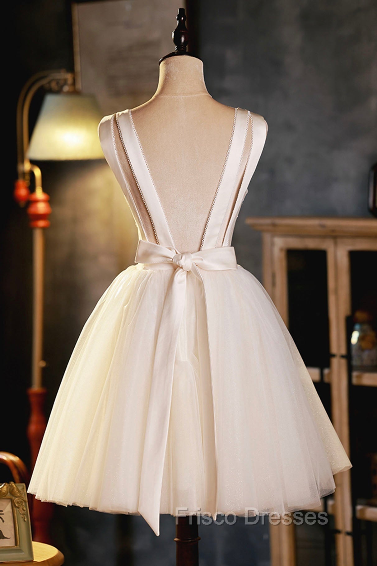 Champagne V-Neck Tulle Short Formal Prom Dress, Champagne Homecoming Dress Secondary image