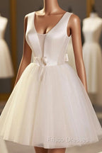 Champagne V-Neck Tulle Short Formal Prom Dress, Champagne Homecoming Dress