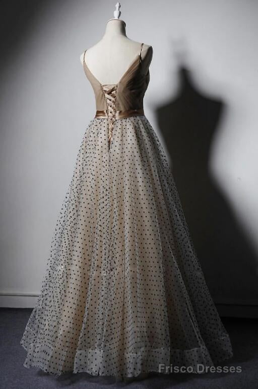 Champagne V-Neckline Straps Long Party Dress Prom Dress, A-Line Tulle Evening Dresses Secondary image
