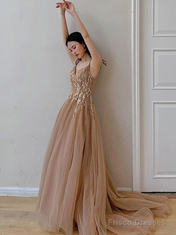 Champagne V-Neckline Tulle With Lace Party Dress, A-Line Tulle Evening Dress Secondary image