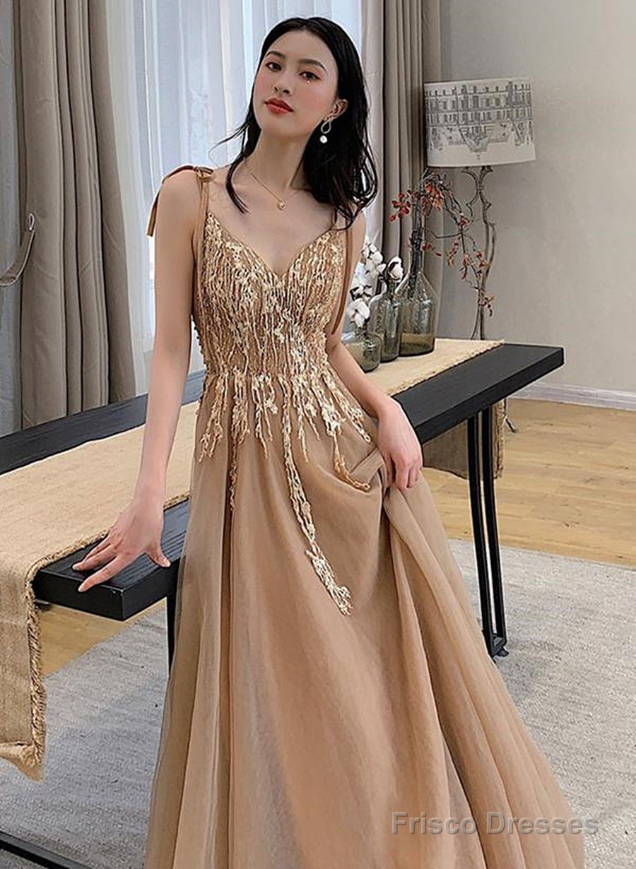 Champagne V-Neckline Tulle With Lace Party Dress, A-Line Tulle Evening Dress Main image