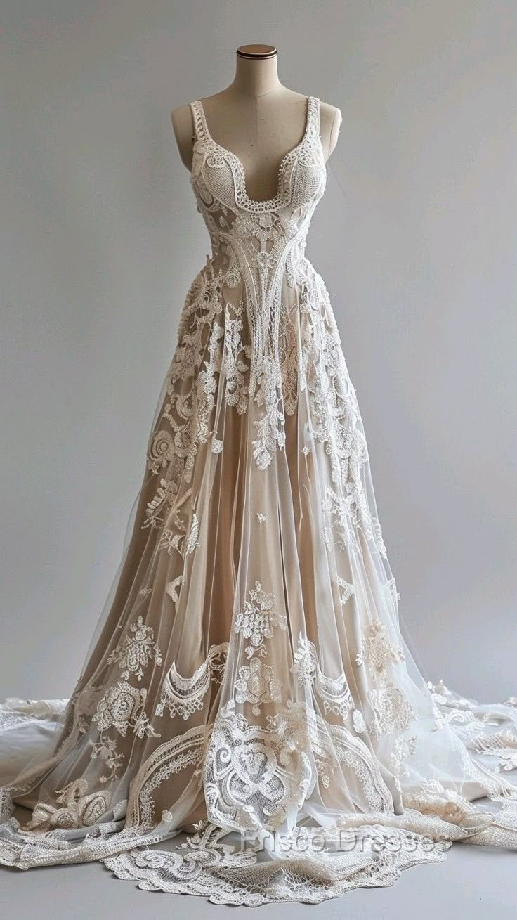 Champagne Vintage A-Line Spaghetti Strap Lace Tulle Long Formal Prom Dress Wedding Dress Secondary image