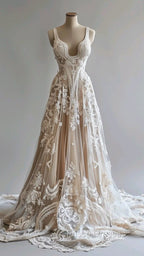 Champagne Vintage A-Line Spaghetti Strap Lace Tulle Long Formal Prom Dress Wedding Dress