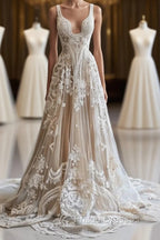 Champagne Vintage A-Line Spaghetti Strap Lace Tulle Long Formal Prom Dress Wedding Dress