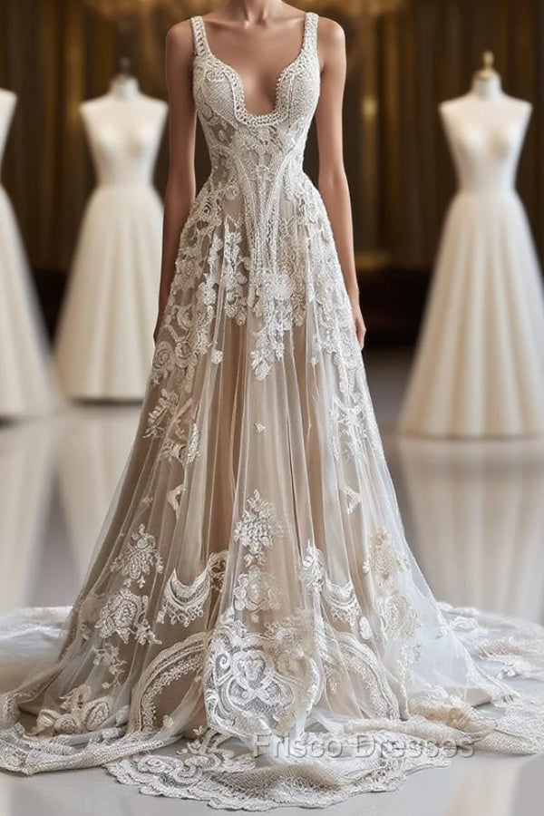 Champagne Vintage A-Line Spaghetti Strap Lace Tulle Long Formal Prom Dress Wedding Dress