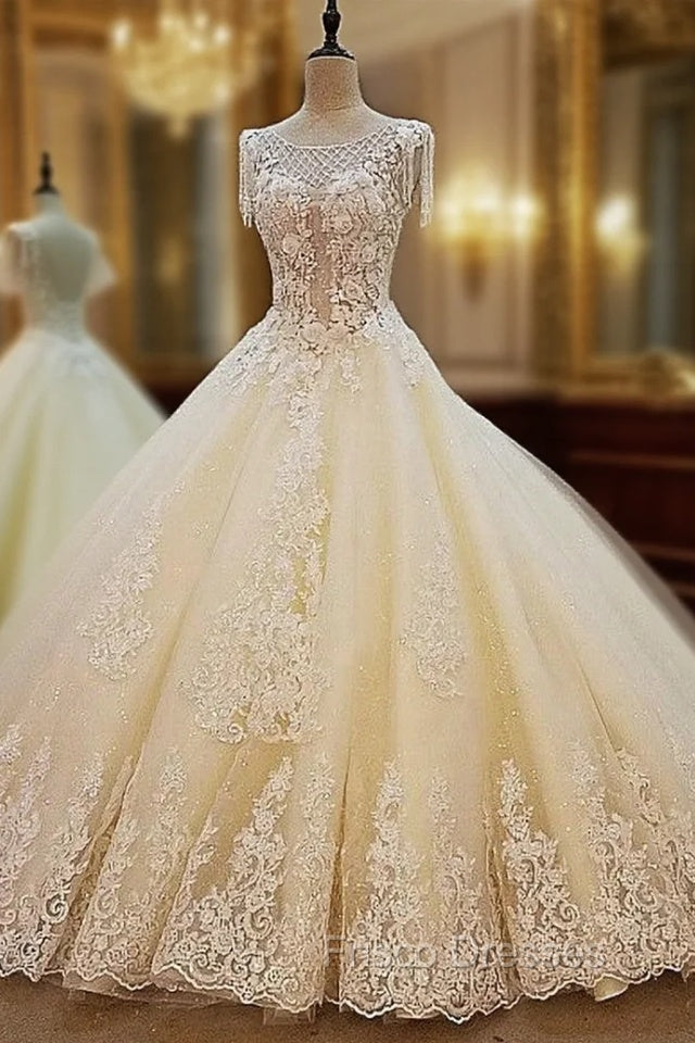 Champagne Wedding Dress Ball Gown Corset Back Beading Lace Bridal Gowns