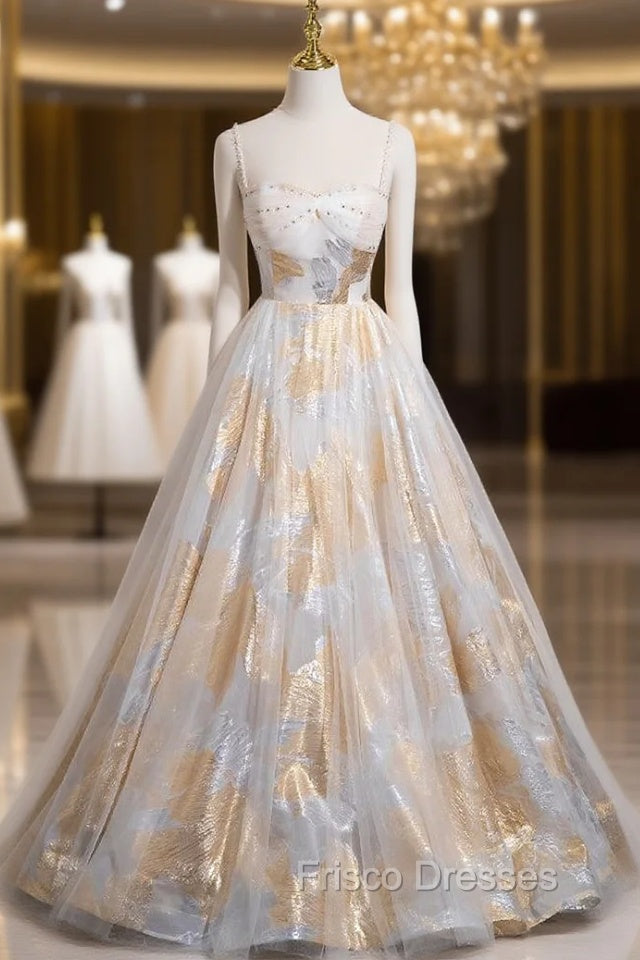 Champagne White Spaghetti Straps Beading Formal Prom Dress Main image