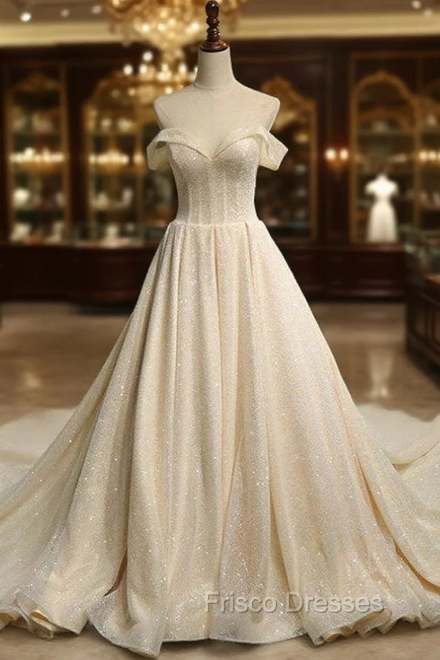 Champange Ball Gown Tulle Off The Shoulder Backless Wedding Dress Main image