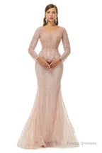 Neckline Long Sleeve Mermaid Lace Pattern Tulle Beading Prom Dresses