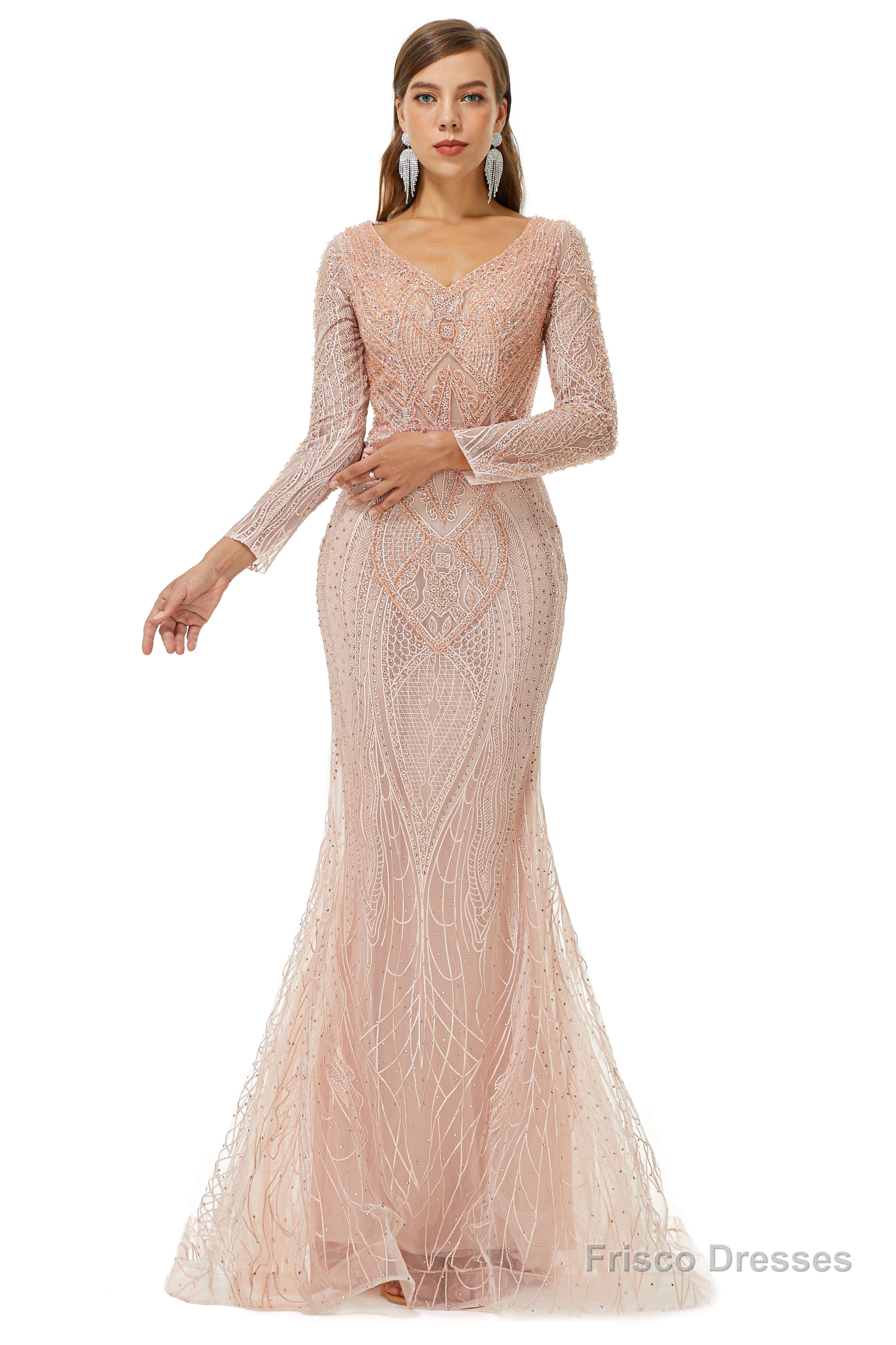 Neckline Long Sleeve Mermaid Lace Pattern Tulle Beading Prom Dresses