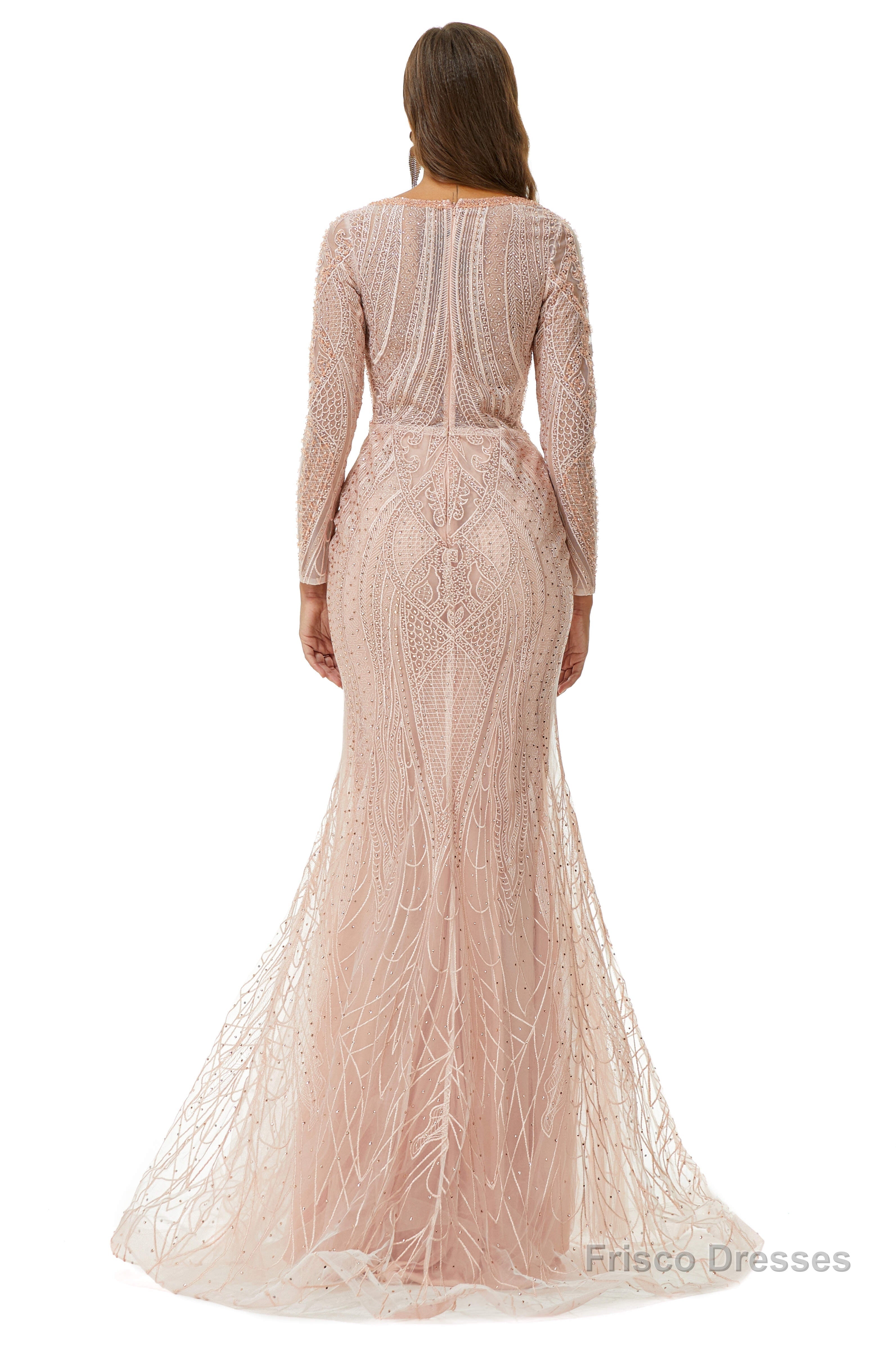 Neckline Long Sleeve Mermaid Lace Pattern Tulle Beading Prom Dresses