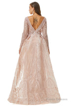 Champange Sparkle Beaded Long Sleeves Prom Dresses