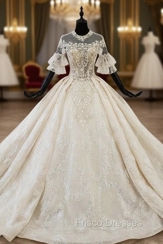 Champange Tulle Sequins Short Sleeve Backless Beading Wedding Dress Main image