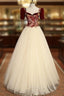 Champgne Tulle Sequare Short Sleeve Formal Prom Dress