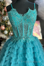 Periwinkle Lace Sweetheart Tiered Long Formal Prom Dress with Ruffles