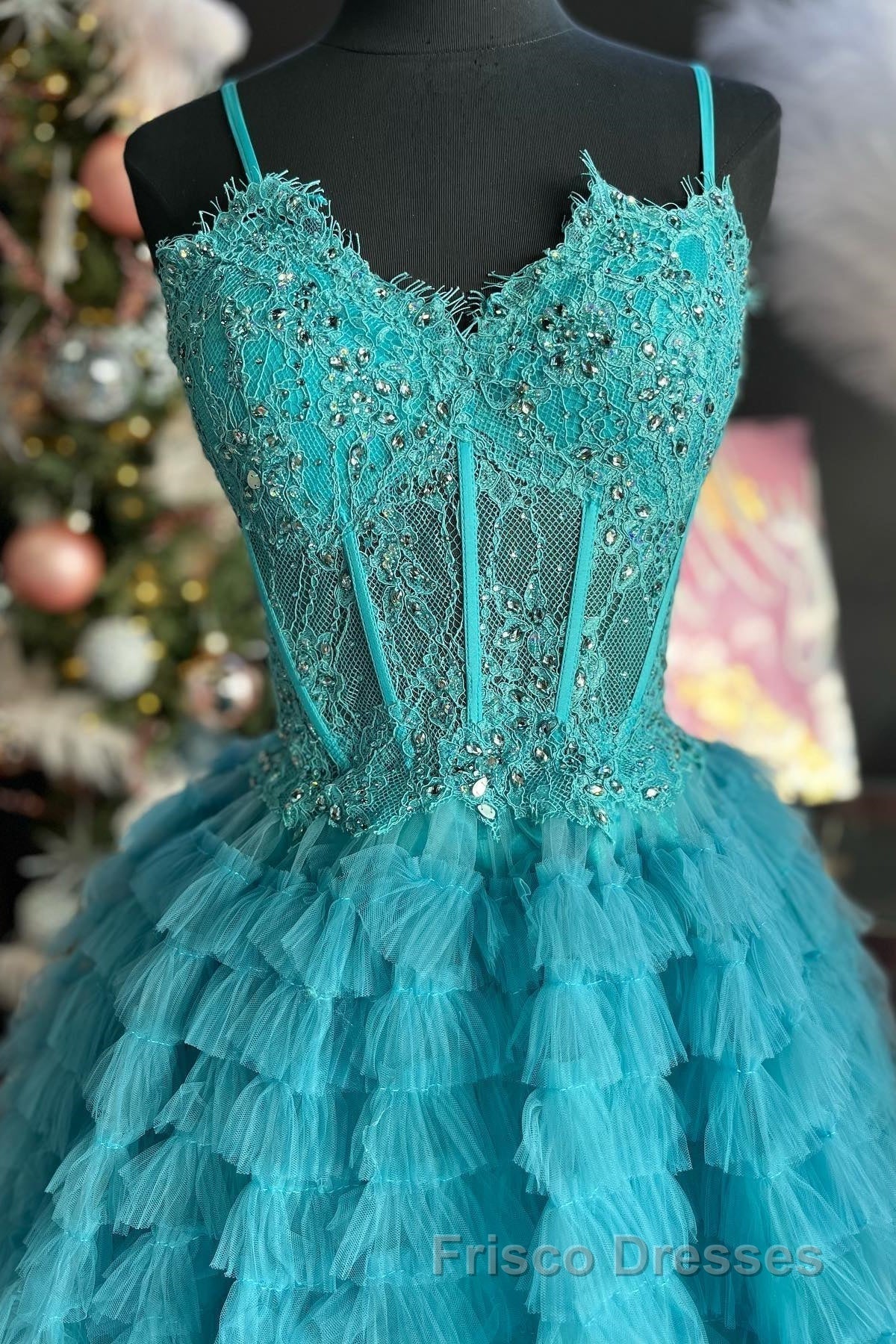 Periwinkle Lace Sweetheart Tiered Long Formal Prom Dress with Ruffles