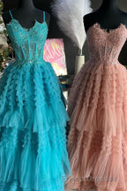 Periwinkle Lace Sweetheart Tiered Long Formal Prom Dress with Ruffles