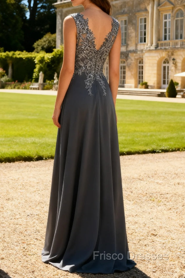 v neck mother of the bride dresses Charcoal A Line V-Neck Lace Long Mother of the Bride Dress with Appliq – Frisco Dresses