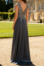 Charcoal A Line V-Neck Lace Long Mother of the Bride Dress with Appliques