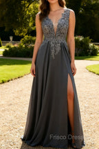 Charcoal A Line V-Neck Lace Long Mother of the Bride Dress with Appliques