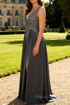 Charcoal A Line V-Neck Lace Long Mother of the Bride Dress with Appliques