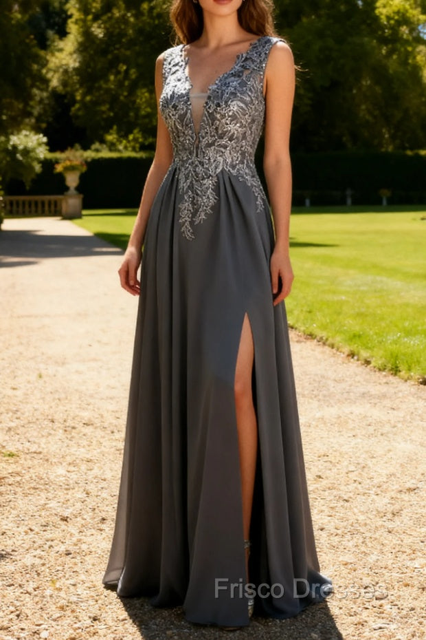 Charcoal A Line V-Neck Lace Long Mother of the Bride Dress with Appliques