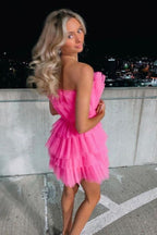 Line Hot Pink Short Homecoming Dresses, Strapless Party Dress