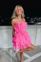 Line Hot Pink Short Homecoming Dresses, Strapless Party Dress