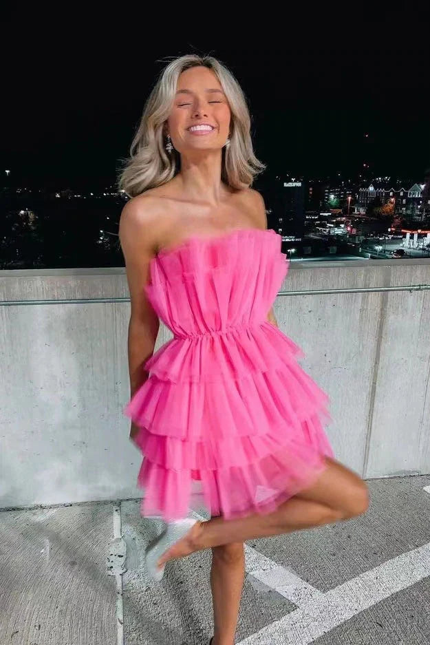 Line Hot Pink Short Homecoming Dresses, Strapless Party Dress Main image