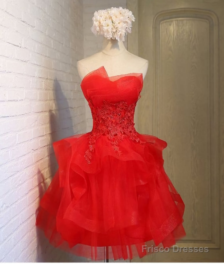 Charming A-line lace strapless short homecoming dresses
