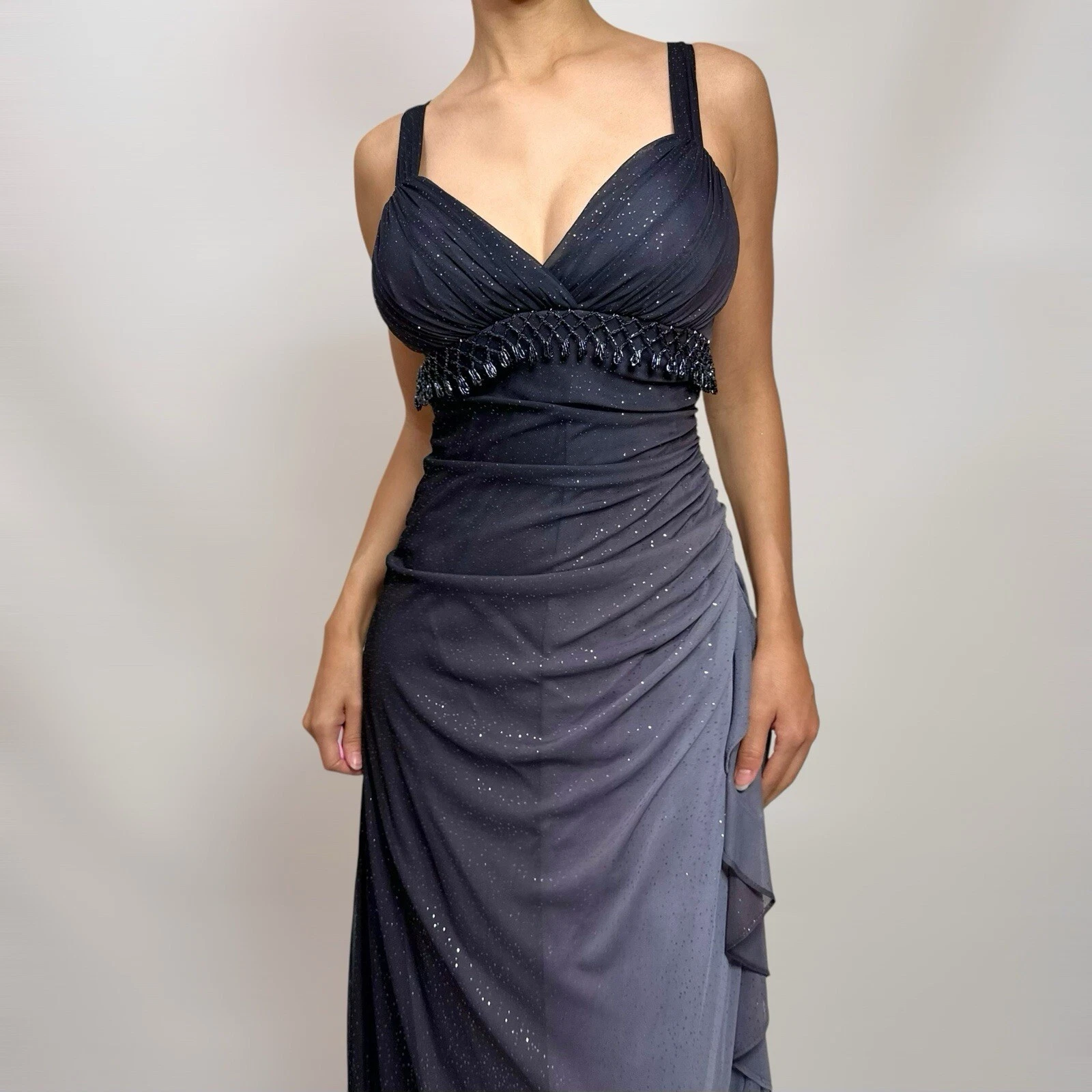 Charming A Line Spaghetti Strap Beaded Navy Blue Ombre Chiffon Party Dress Evening Dress