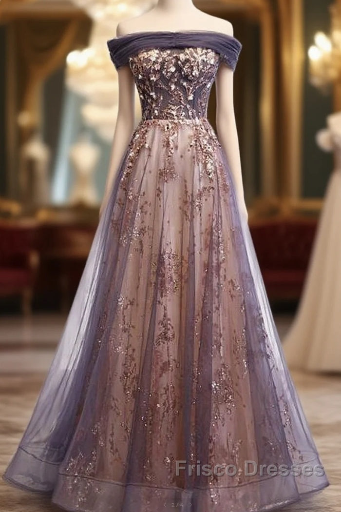 Charming A-Line Tulle Long Off Shoulder Party Dress, Formal Prom Dress Main image
