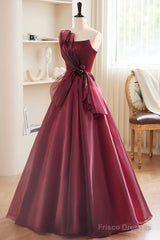 Charming And Elegant Wine Red Sleeveless Off Shoulder Ball Dress, Wine Red A-Shaped Princess Strapless Butterfly Tie With Backless Strap And Ground Length Prom Dress
