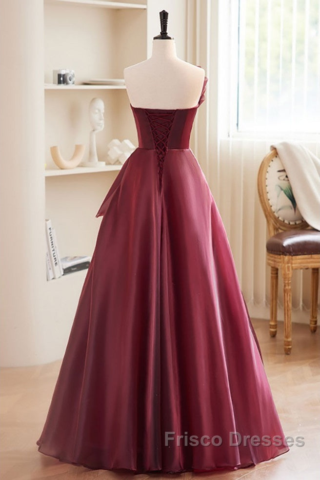 Charming And Elegant Wine Red Sleeveless Off Shoulder Ball Dress, Wine Red A-Shaped Princess Strapless Butterfly Tie With Backless Strap And Ground Length Formal Prom Dress