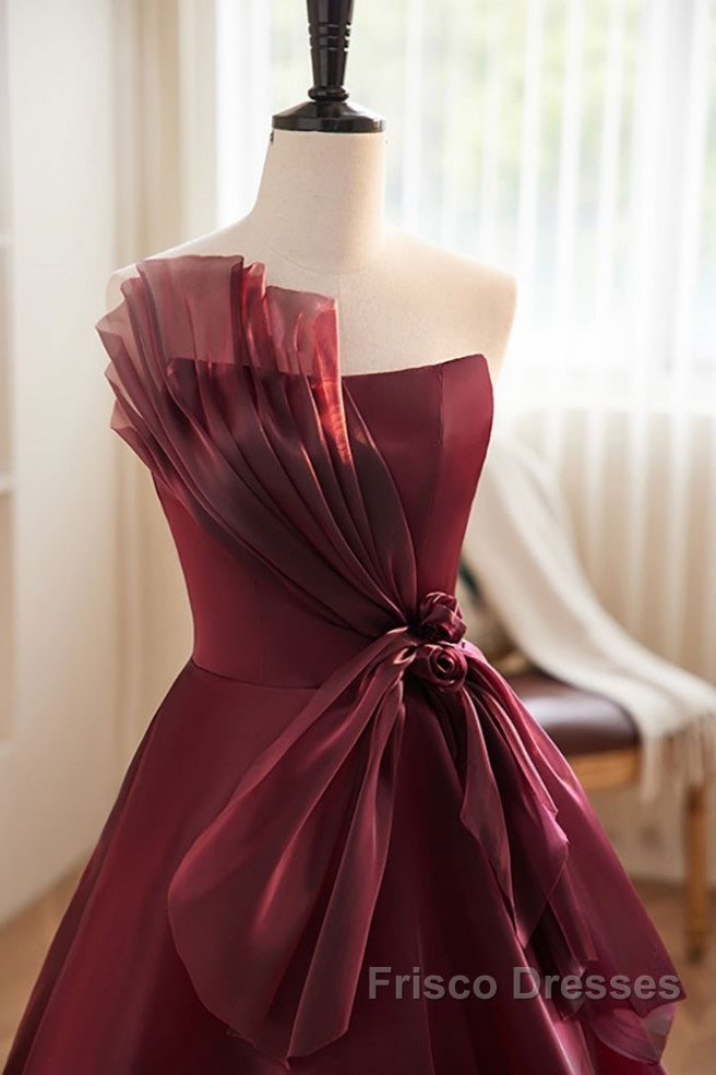 Charming And Elegant Wine Red Sleeveless Off Shoulder Ball Dress, Wine Red A-Shaped Princess Strapless Butterfly Tie With Backless Strap And Ground Length Formal Prom Dress
