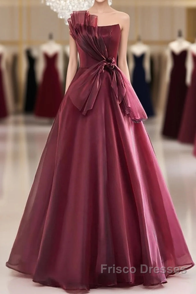 Charming And Elegant Wine Red Sleeveless Off Shoulder Ball Dress, Wine Red A-Shaped Princess Strapless Butterfly Tie With Backless Strap And Ground Length Formal Prom Dress Main image