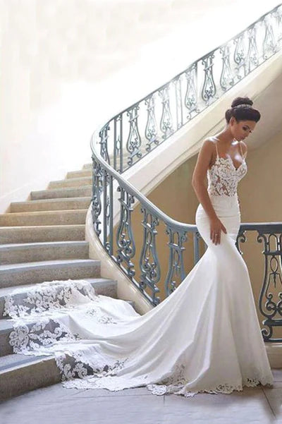 Charming Appliques Lace Mermaid Wedding Dresses With Straps, Sexy Sleeveless Prom Gown