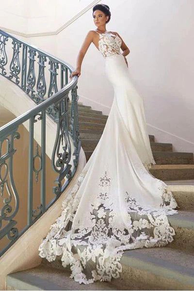 Charming Appliques Lace Mermaid Wedding Dresses With Straps, Sexy Sleeveless Prom Gown