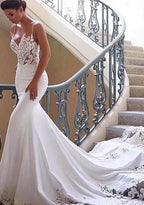 Charming Appliques Lace Mermaid Wedding Dresses With Straps, Sexy Sleeveless Prom Gown