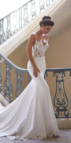Charming Appliques Lace Mermaid Wedding Dresses With Straps, Sexy Sleeveless Prom Gown