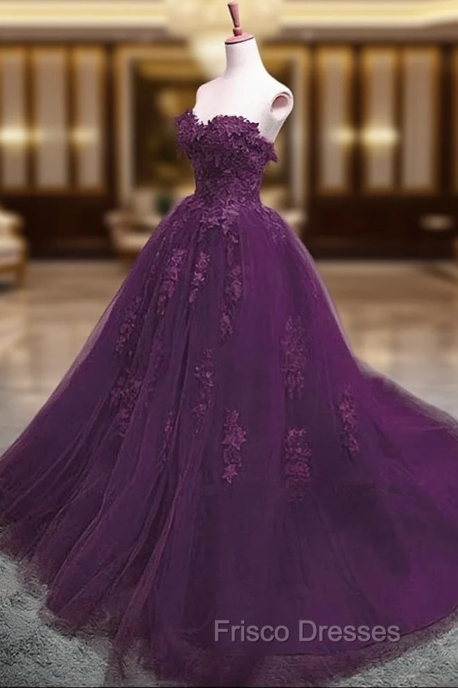 Charming Ball Gown Purple Tulle Sweetheart Lace Applique Formal Dress, Purple Sweet 16 Dress