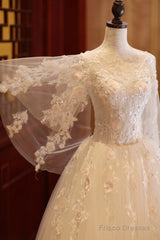 Charming Beautiful Ivory Tulle With Flowers Long Wedding Party Dress, Tulle Simple Wedding Dress Prom Dress Party Dress