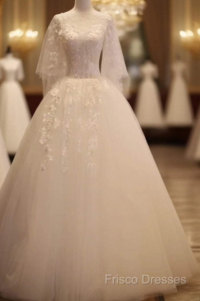 Charming Beautiful Ivory Tulle With Flowers Long Wedding Party Dress, Tulle Simple Wedding Dress Formal Prom Dress Party Dress Main image
