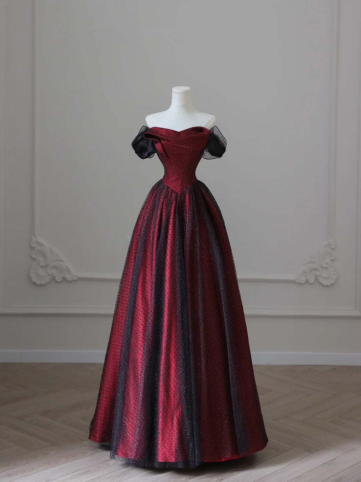 Charming Black And Red Off Shoulder A-Line Prom Dress, Long Party Dress Main image
